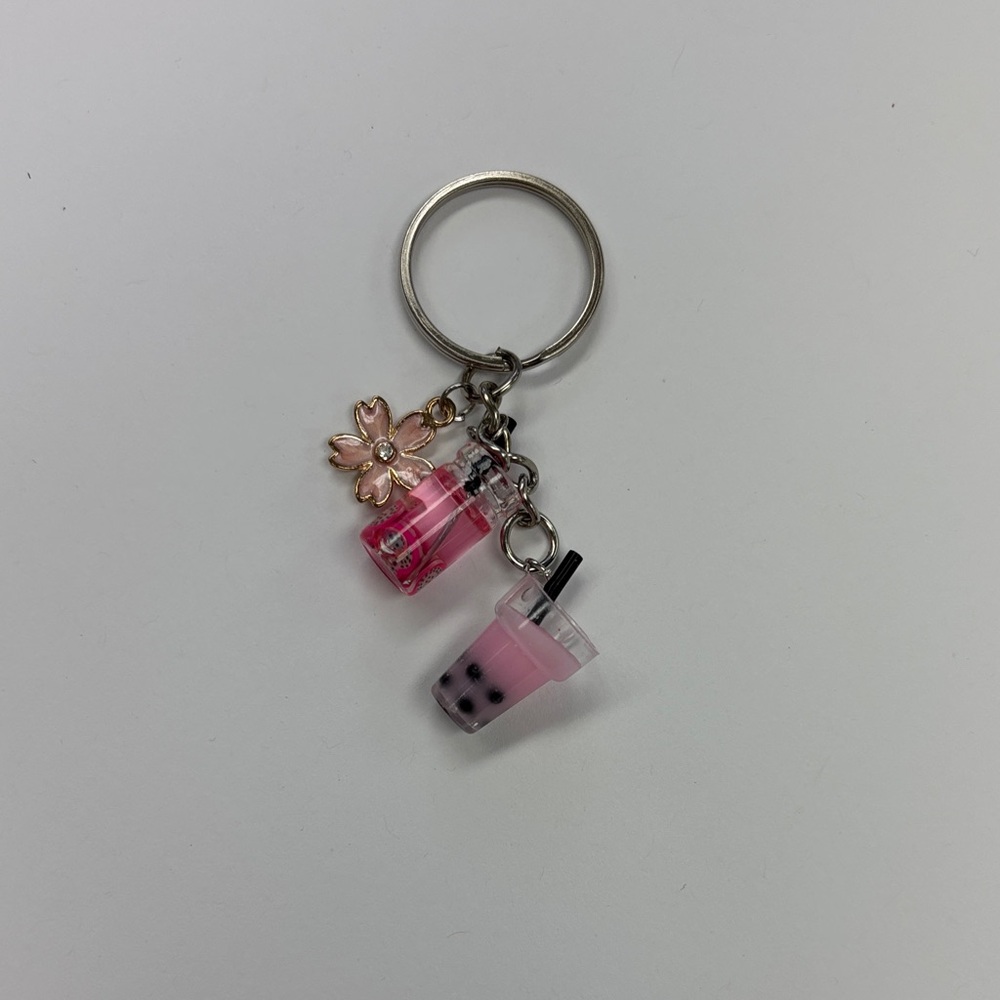 Pink Bubble Tea Keychain with Flower Charm